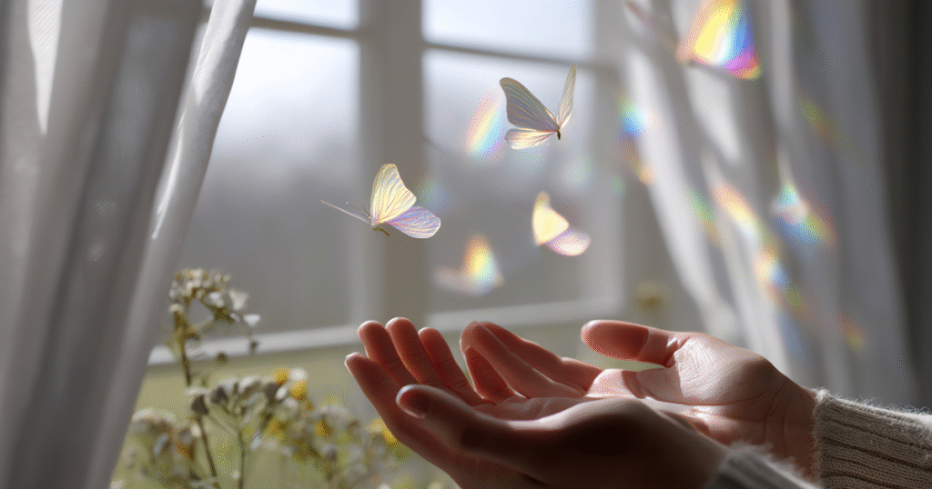 窓辺で手を広げちょうが舞う