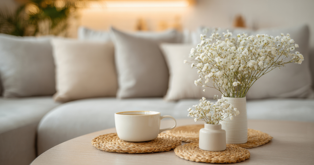 ソファーとカスミソウと珈琲