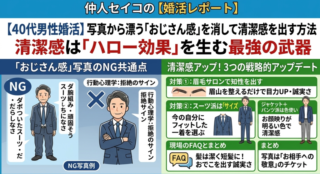 【40代男性婚活】写真の「おじさん感」を消して清潔感を出す方法の図解。ハロー効果を狙う眉毛サロン、スーツのサイズ感、ジャケパンの色使い、腕組みポーズのNG理由と潔い短髪のすすめ。