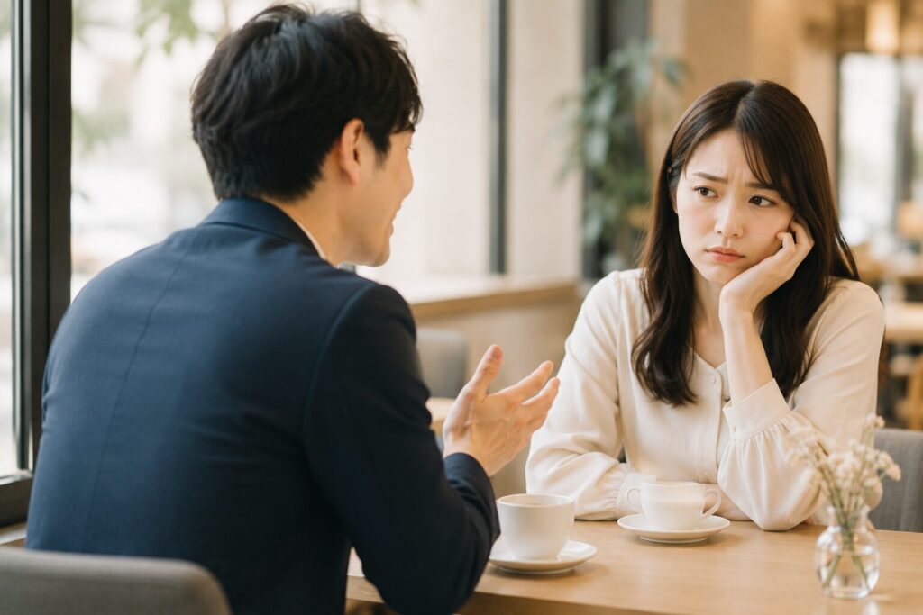 得意げに話す男性に対し少しうんざりしている女性
