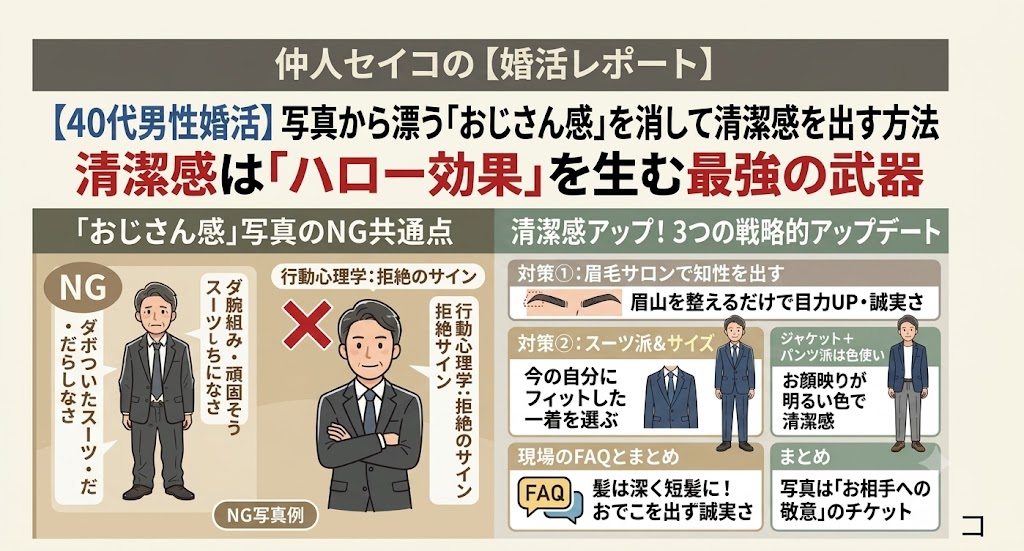 婚活におけるプロフィール写真と第一印象の重要性を説明する資料