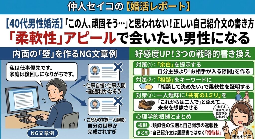 40代男性婚活｜“頑固そう”と思われない自己紹介文の書き方を解説する婚活レポート画像