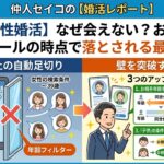 仲人セイコの婚活レポート。40代男性の婚活でお見合いがプロフィールで落とされる理由（年齢フィルターによる自動足切り）と、お相手の年齢・エリア・子供の条件を柔軟にする解決戦略の図解