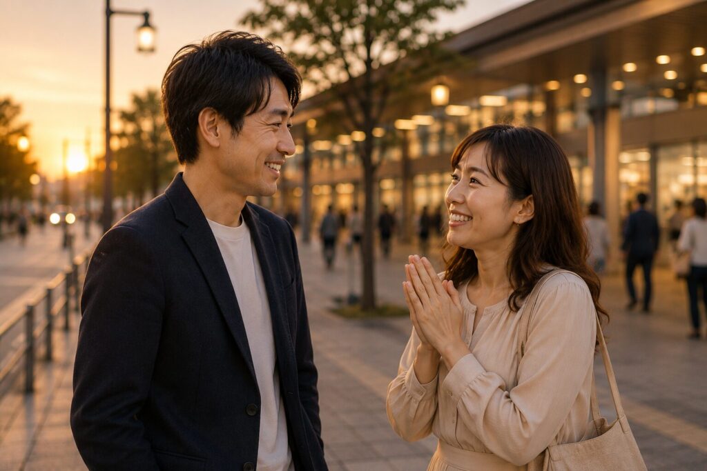 小さな一言が、男性の心に残ります。女性が笑顔で「ありがとう」と伝えている 男性もうれしそう