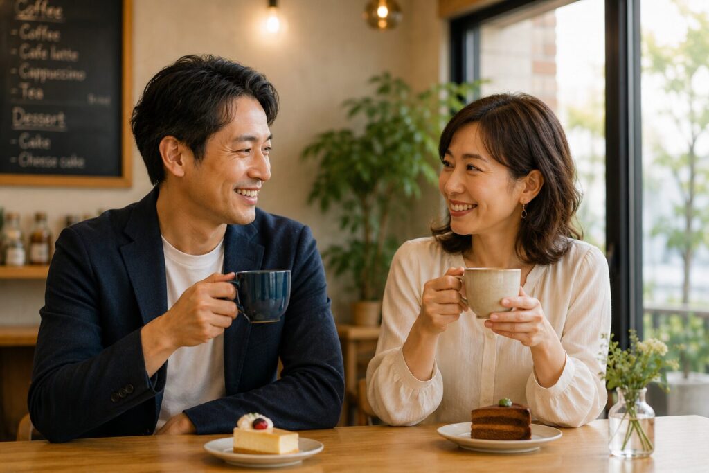 カフェで自然に笑い合う男女