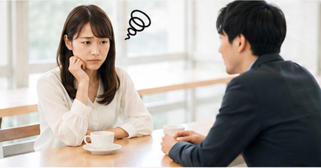 男性は何気なく話しかけているが女性は辟易しているお見合い風景
