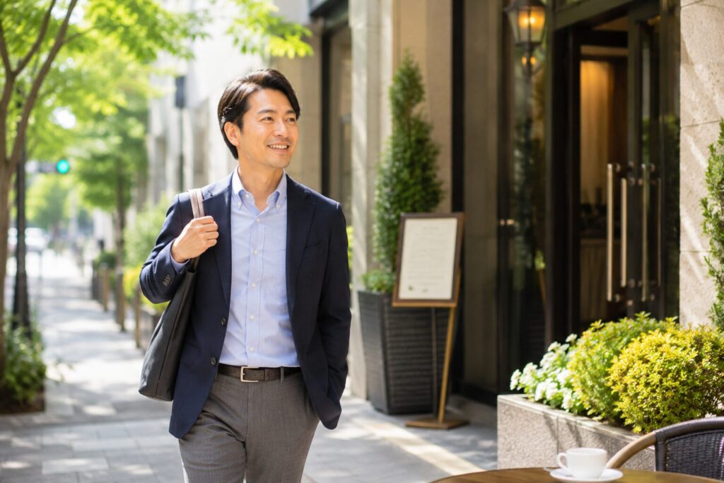 お見合いの帰り道爽やかな顔で歩く男性