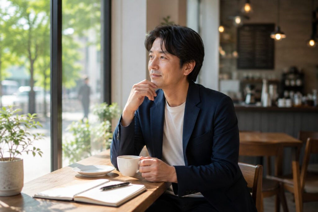 カフェでゆったりコーヒーを飲みながら考え事をする男性