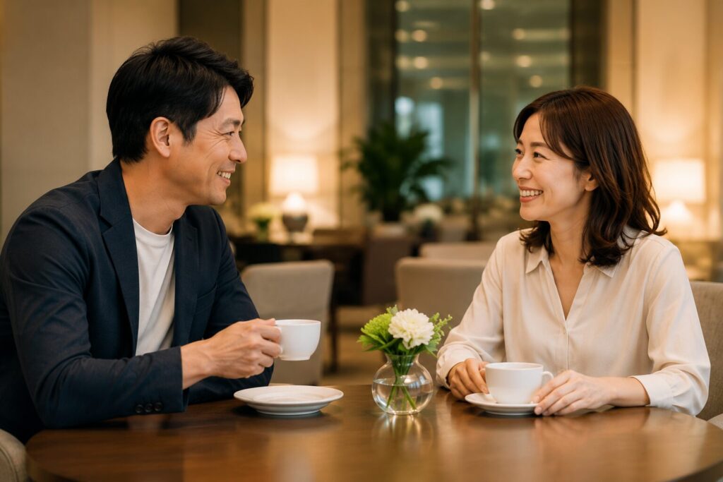 楽し気にコーヒーを飲み流れ談笑する男女