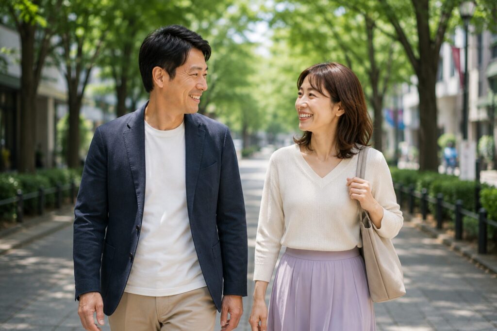 にこやかに楽しげに歩くカップル