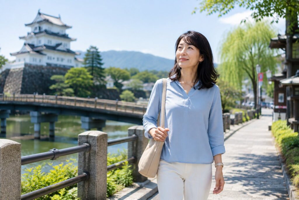 小田原城周辺を歩く婚活中の40代女性