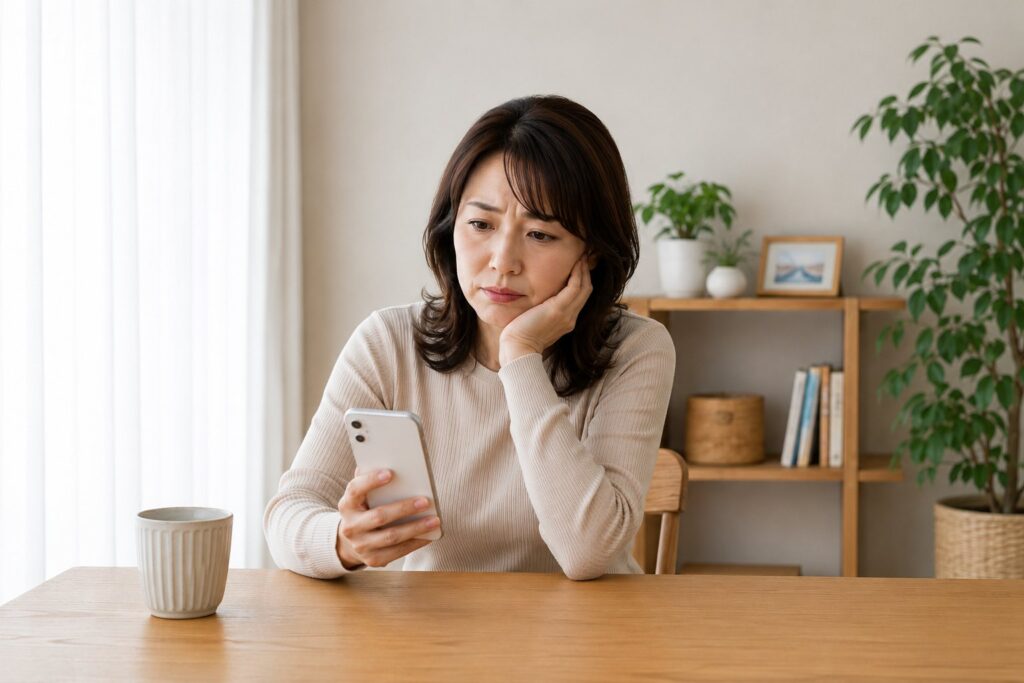 スマホを見て悩む女性