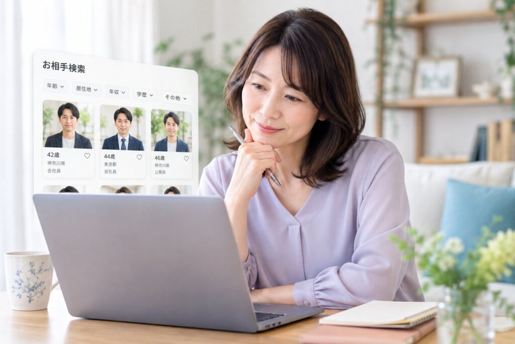 40代女性がスマホやPCでお相手を検索しているが、申し込みを迷っている場面