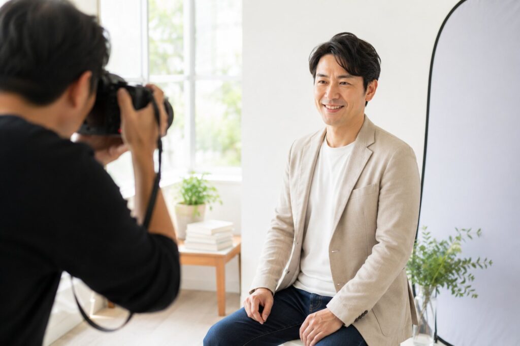 40代男性がプロフィール写真を撮り直している場面。明るい服装で、カメラマンに撮影されている様子