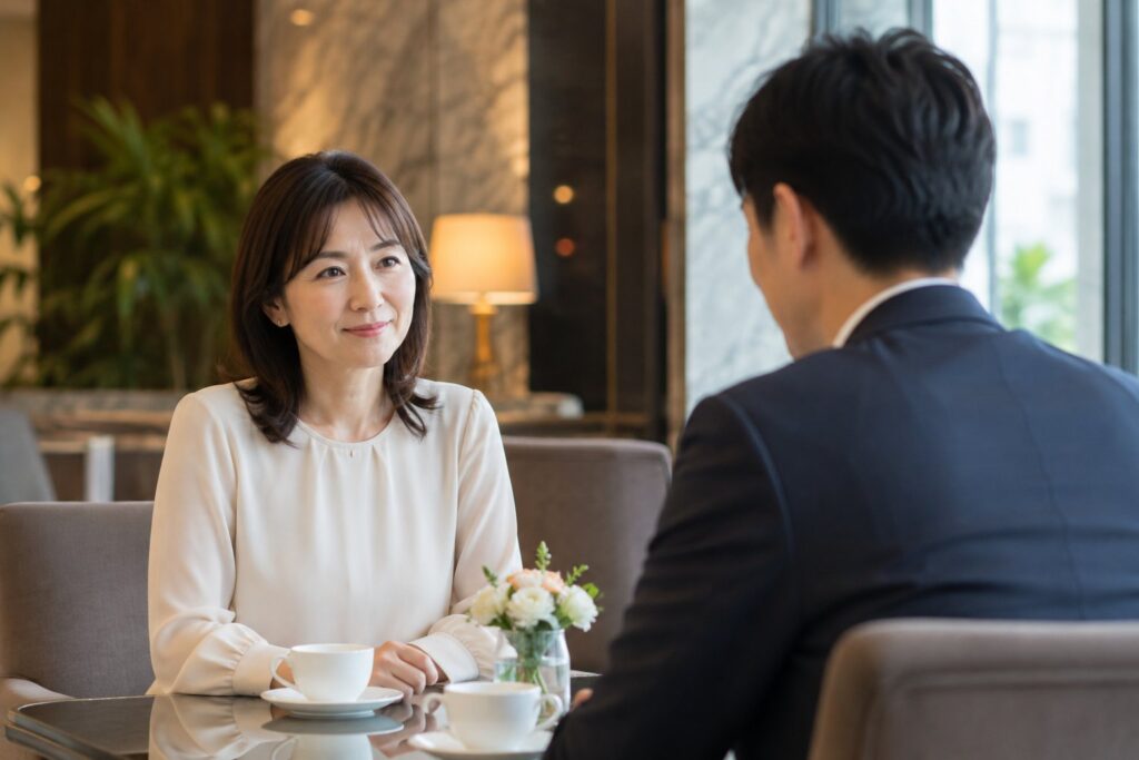 40代の男女がホテルラウンジやカフェで実際にお見合いしている場面。まだカップルではなく、初対面で少し緊張しながら会話している感じ。
