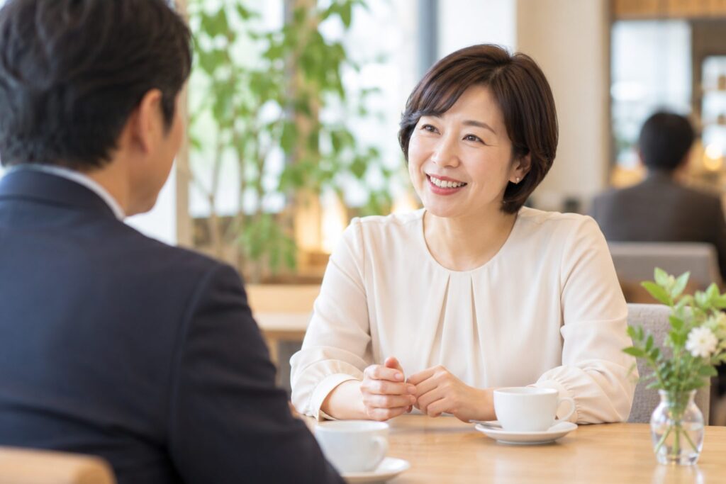 お見合いで会話する40代女性