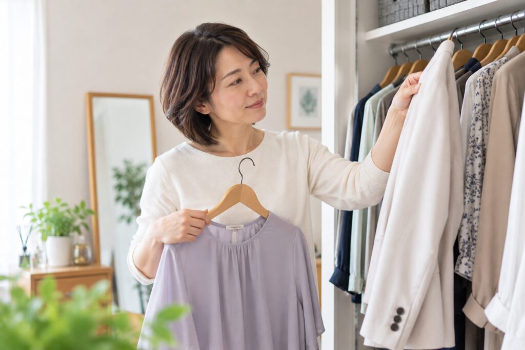 40代女性が自宅でクローゼットの前に立ち、何着かの服から外出用の服を選んでいる場面