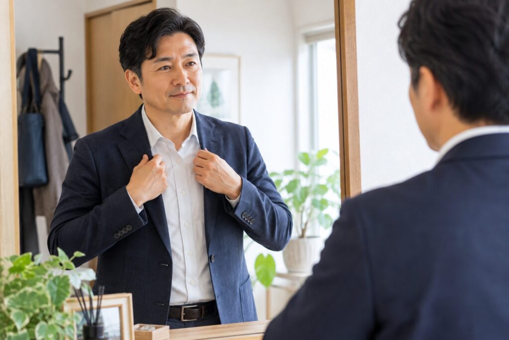 40代男性が外出前に鏡でジャケットを整えている。