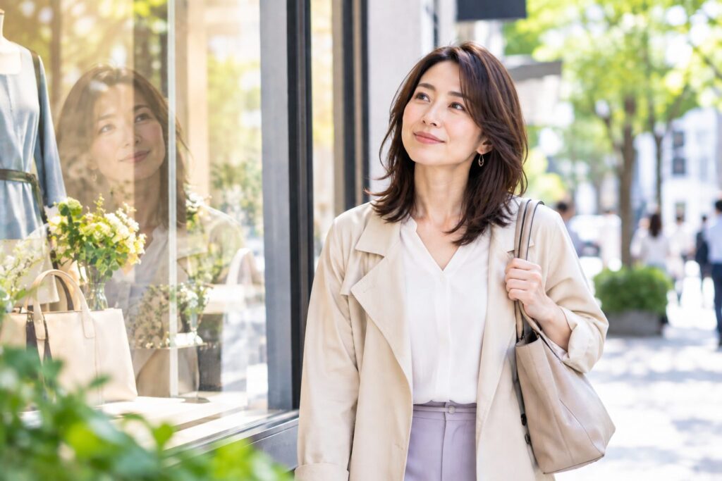 40代女性が休日の街中を歩きながらショーウインドー越しにふと自分の姿を見る
