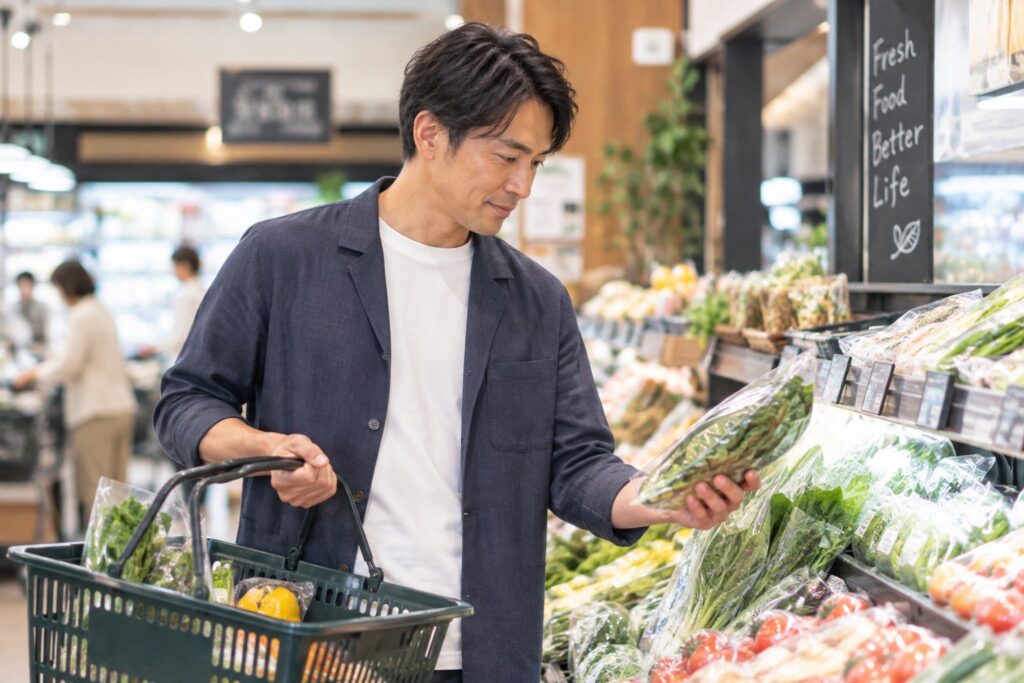 40代男性がスーパーで買い物をしている自然な日常風景。カゴを持って食材を選んでいる場面