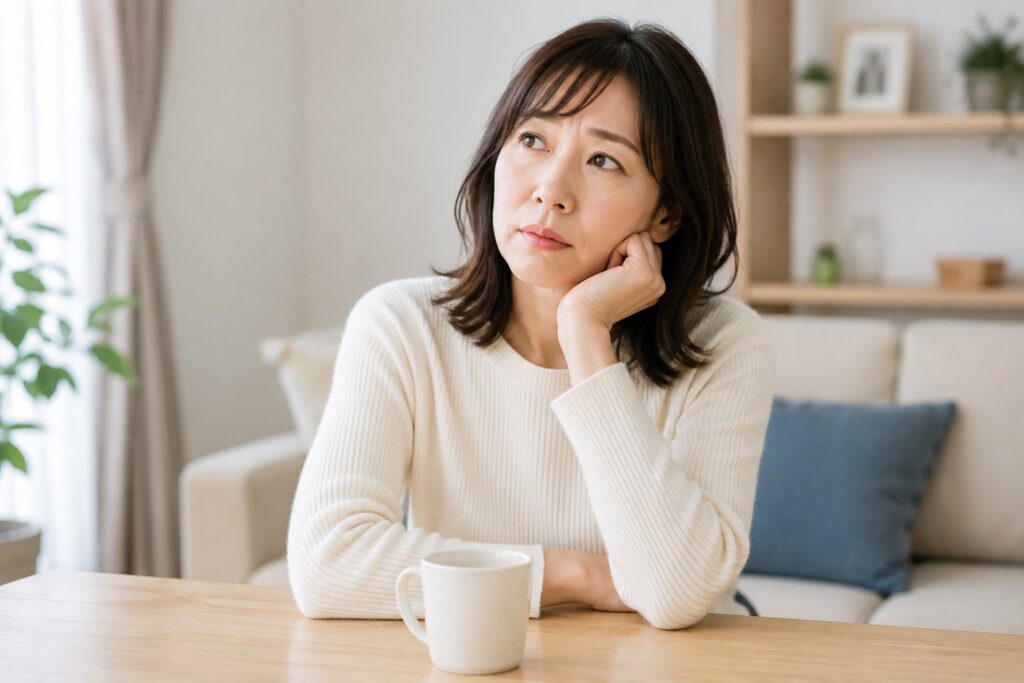 自宅で考えている40代女性