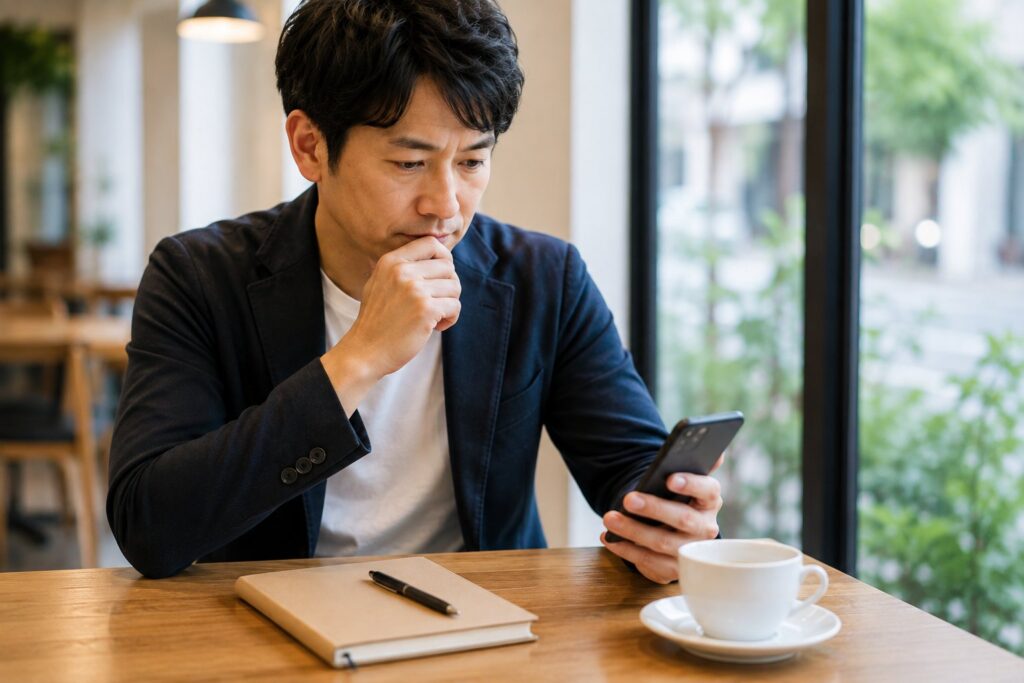 40代くらいの男性が、カフェでスマホや手帳を見ながら婚活について考えている写真。「そろそろ動こうかな」という雰囲気。