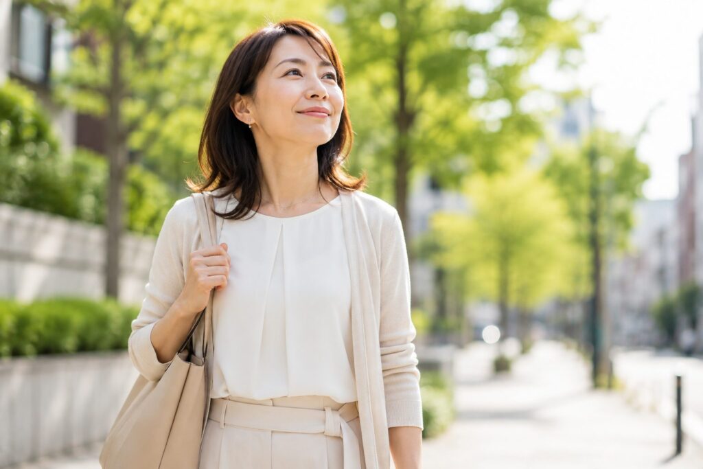 40代くらいの女性が、外を歩きながら少し前向きな表情をしている写真。「動き出す」ことを感じさせる明るい写真。